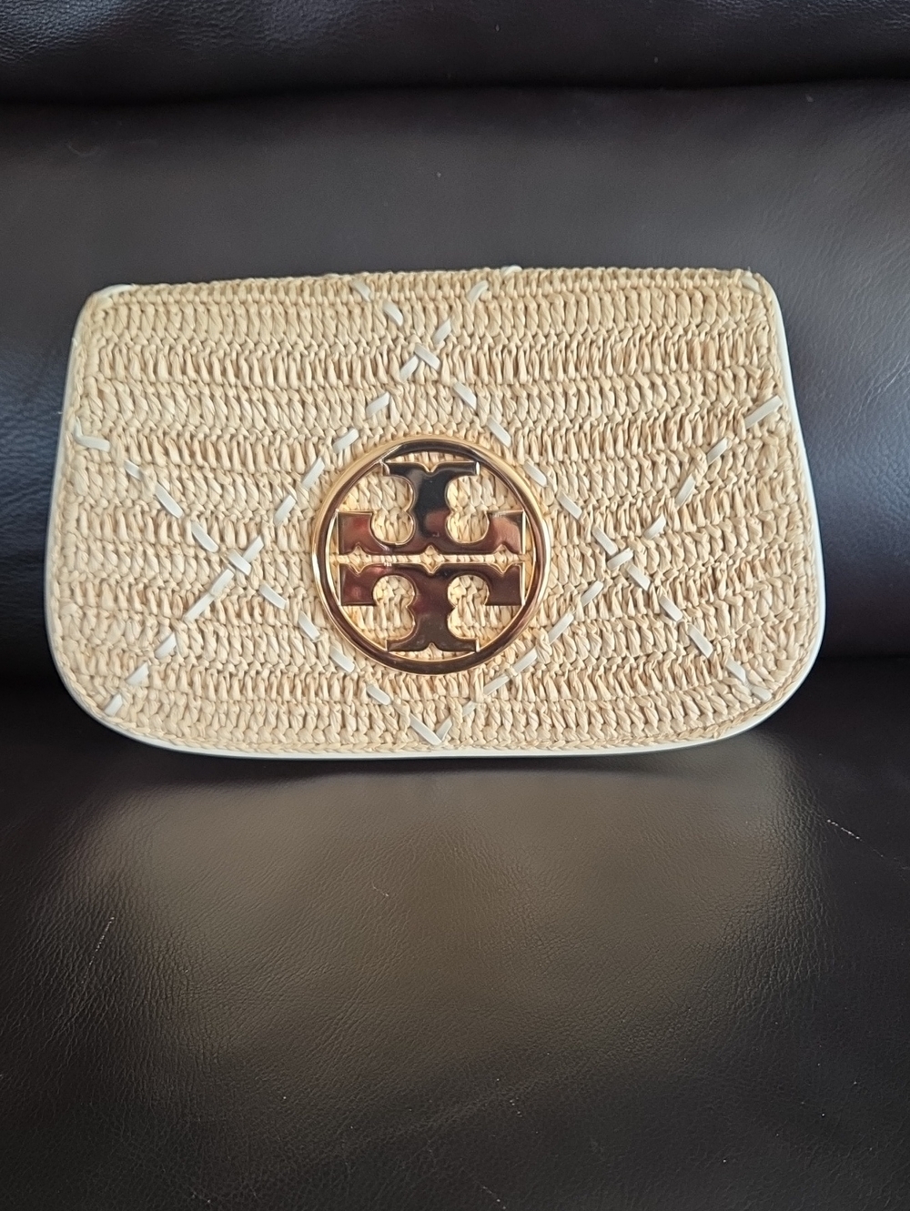 Tory Burch Reva Natural Straw Logo Clutch with Gold Emblem